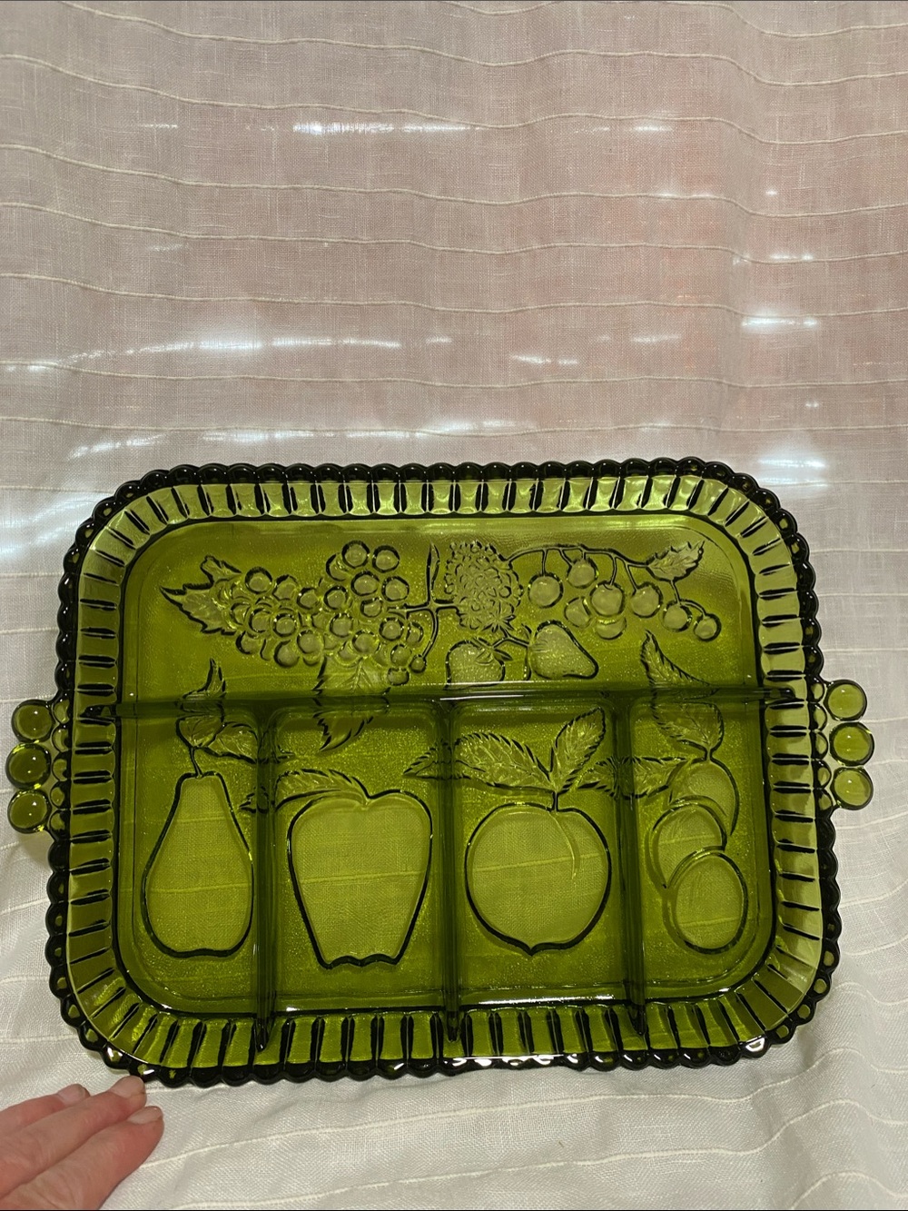 Indiana Glass Olive Green Divided Glass Serving Tray with Fruit Motif